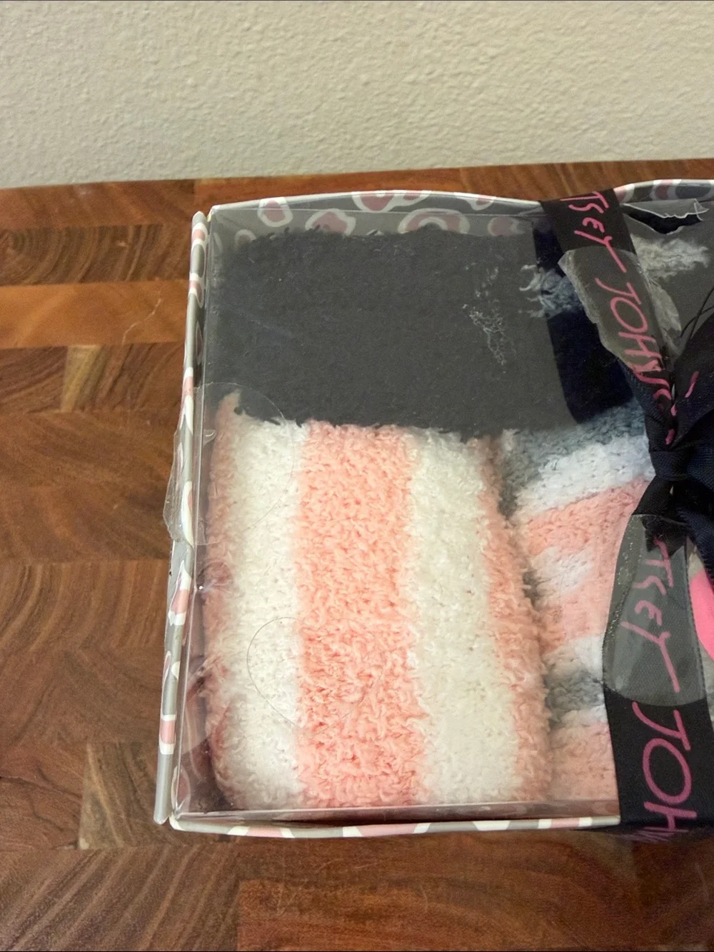 Betsey Johnson Black & Pink Plush Sock Set in Gift Box